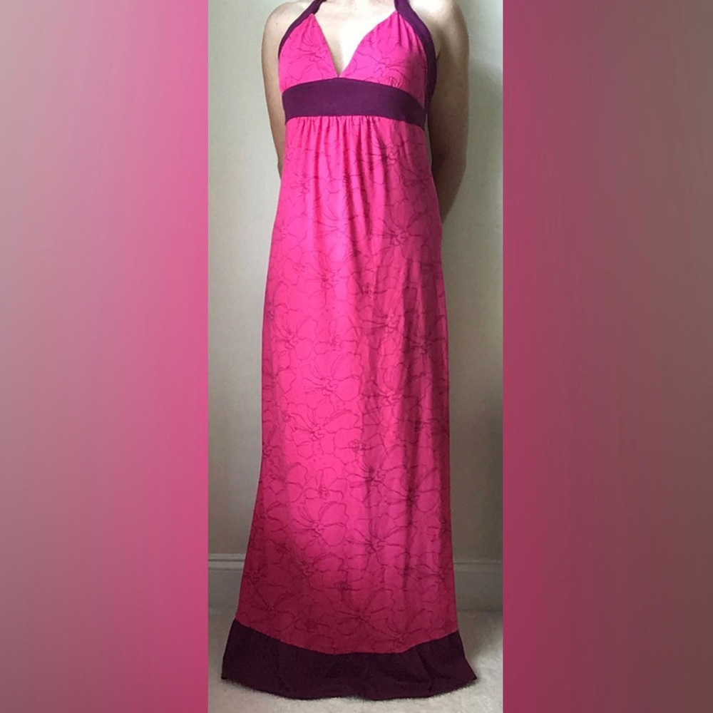 Pink Floral with purple trim halter maxi dress